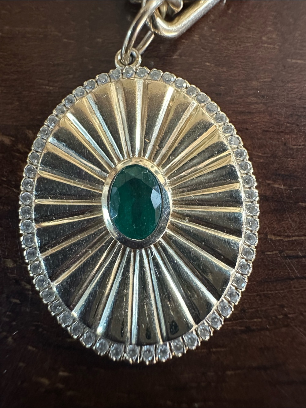 Silver-Tone Oval Pendant Necklace with Emerald Center